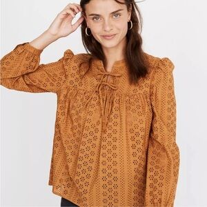 Madewell Eyelet Double Tie Peasant Top in Mustard Color